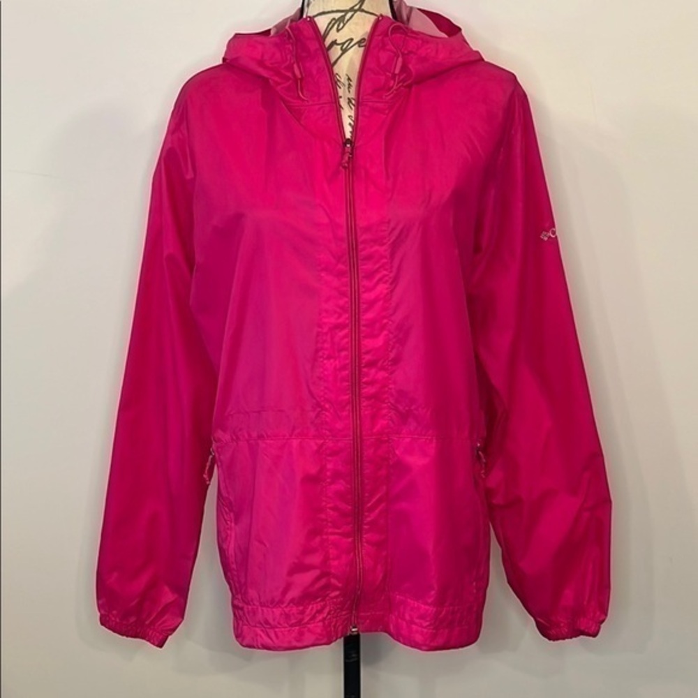 Columbia hooded windbreaker zip front jacket hot pink L